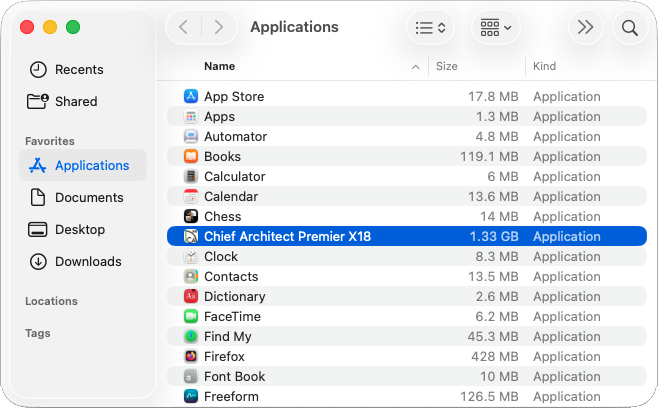 Selecting the Chief Architect application in the Applications location within a Finder window