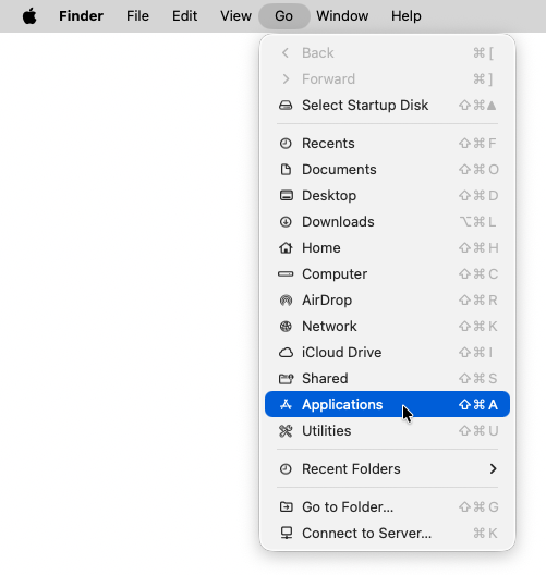 Navigating to Applications using the Go menu