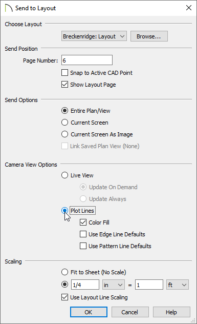 Send to Layout dialog where Plot Lines can be specified