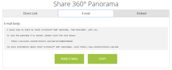 The e-mail tab of the Share 360 Panorama dialog
