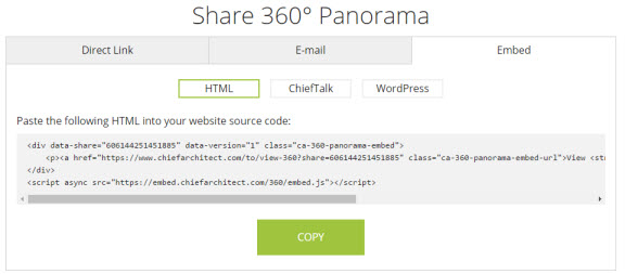 A screenshot of the Embed tab of the Share 360 Panorama