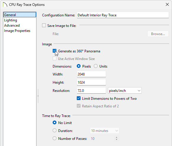 Generate as 360° Panorama box checked on the General panel of the Ray Trace Options dialog
