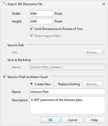 Export 360 Panorama File dialog where width, height, and save options are listed