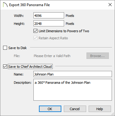 Export 360 Panorama File dialog where width, height, and save options are listed