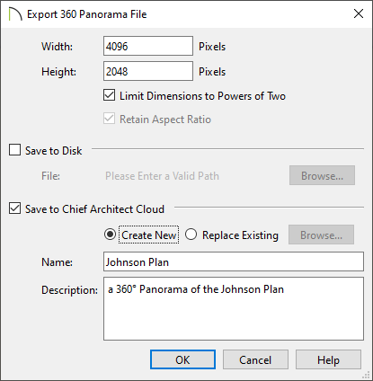 Export 360 Panorama File dialog where width, height, and save options are listed