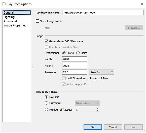 Generate as 360° Panorama box checked on the General panel of the Ray Trace Options dialog