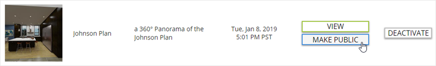 Selecting the Make Public button for a 360° Panorama
