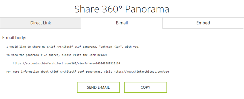 E-mail tab when sharing a 360° Panorama