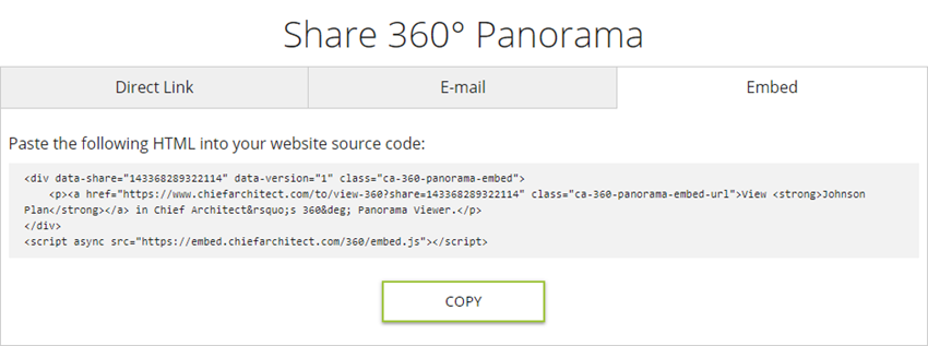 Embed tab when sharing a 360° Panorama