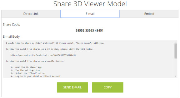 E-mail tab of the share 3D viewer model dialog