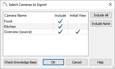 Adjust what cameras will be exported, along with the active view when the model is viewed