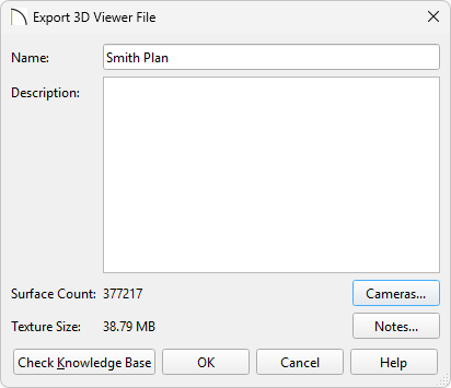 Export 3D Viewer File dialog where a name and description can be specified