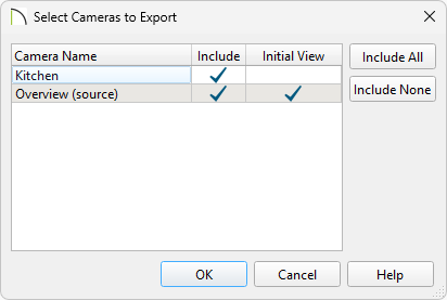 Adjust what cameras will be exported, along with the active view when the model is viewed