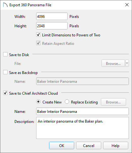 Exporting a 360 panorama to the Chief Architect Cloud