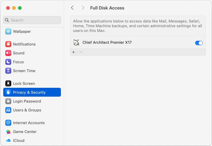 Chief Architect program with Full Disk Access