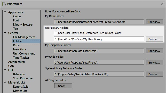 Adjusting the User Library Folder on the Fodlers panel of the Preferences dialog