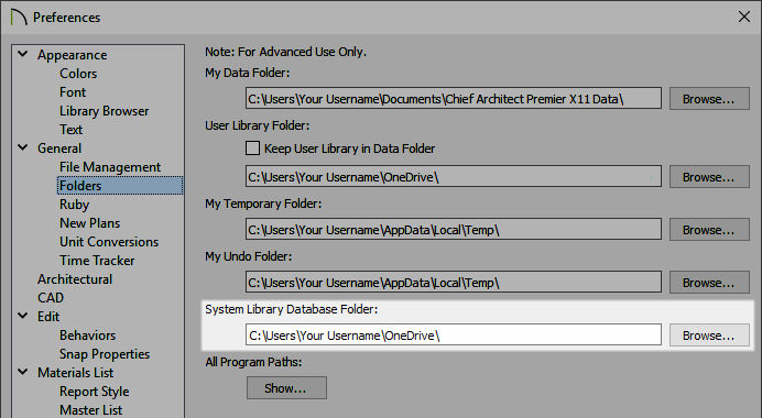 Adjusting the System Library Database Folder on the Folders panel of the Preferences dialog