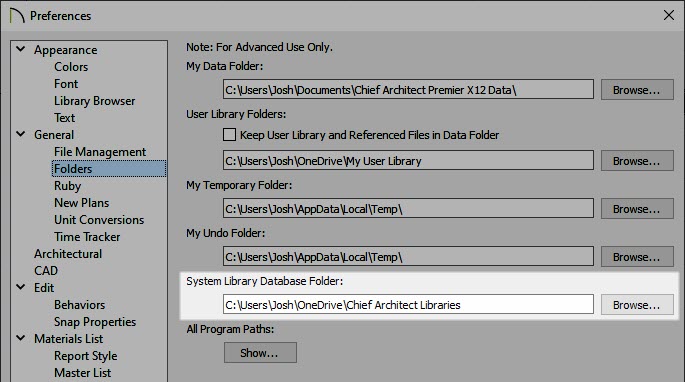 Adjusting the System Library Database Folder on the Folders panel of the Preferences dialog