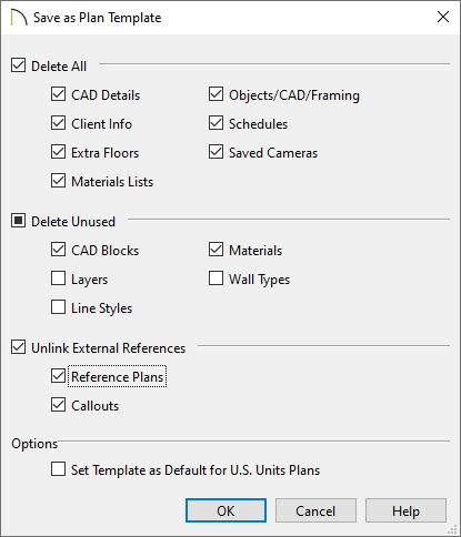 Determine what to delete in the Save as Template dialog box for plan files