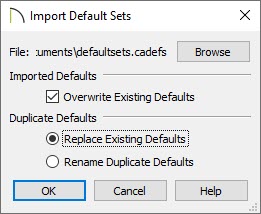Import default sets dialog set to overwrite and replace the existing defaults.