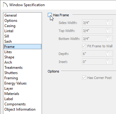 Removing the check from the Has Frame box on the Frame panel of the Window Specification dialog