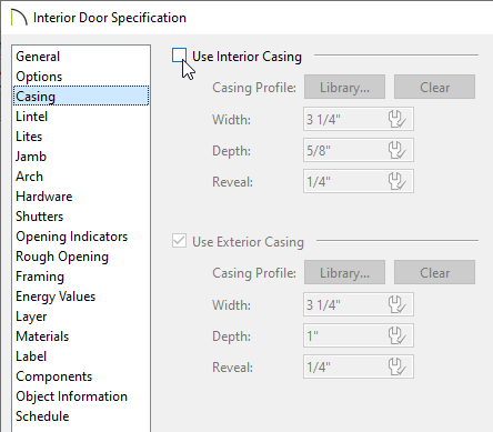 Removing the check from the Use Interior Casing box on the Casing panel of the Interior Door Specification dialog