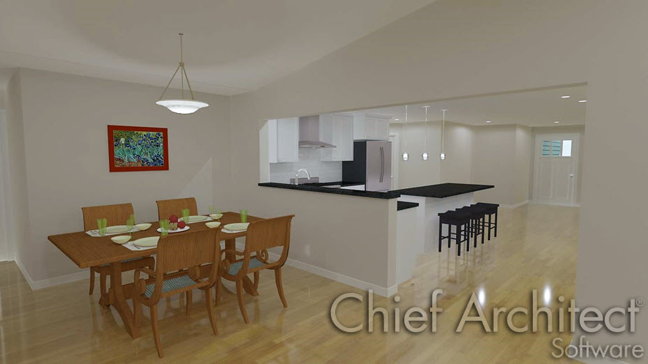 Doorway with a half wall effect between the kitchen and dining area Pass-through doorway opening separataing a kitchen and dining room