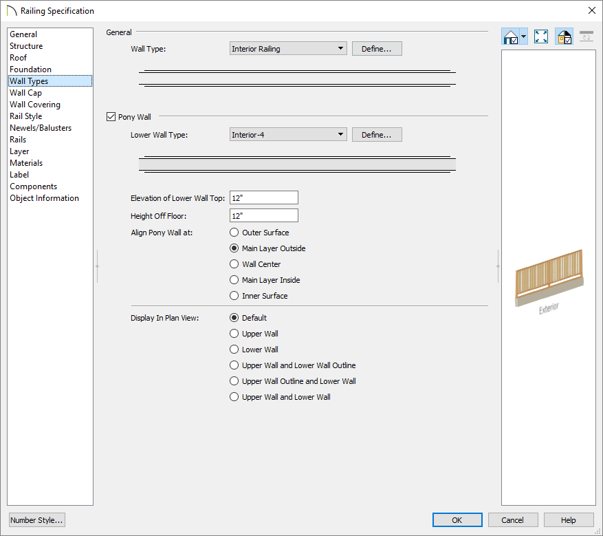 Wall Types panel of the Railing Specification dialog
