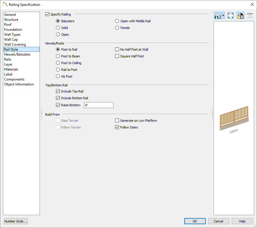 Rail Style panel of the Railing Specification dialog
