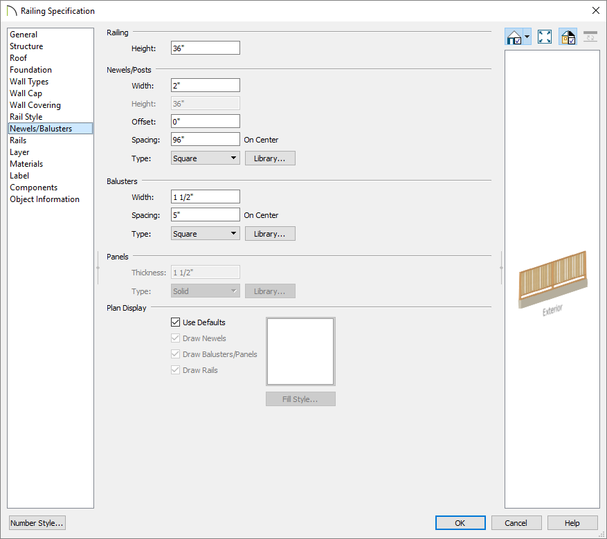 Newels/Balusters panel of the Railing Specification dialog