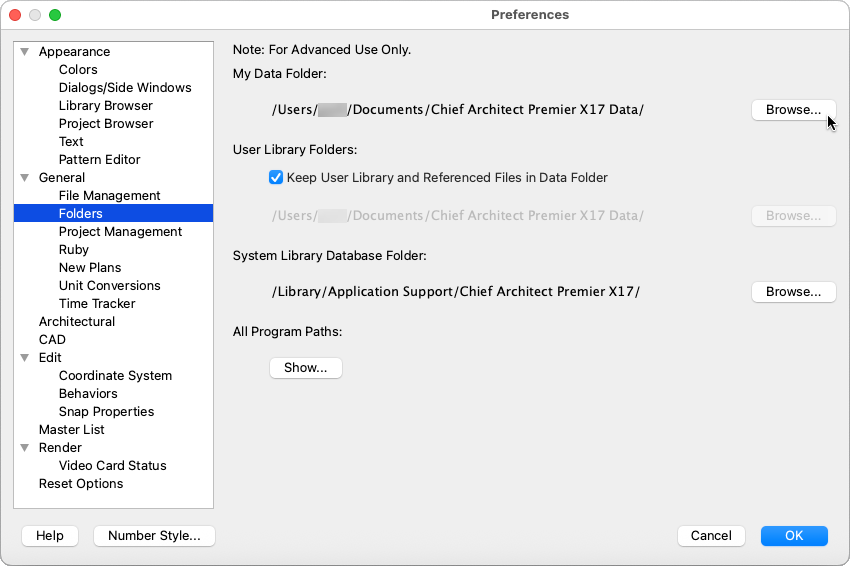 Folders panel of Preferences dialog