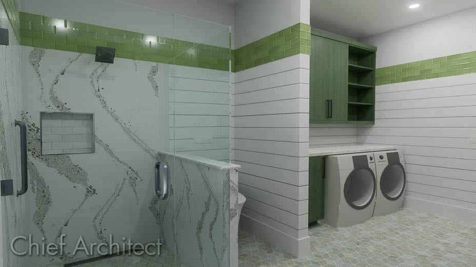 Mudroom with a half wall and a wall cap. Wall cap applied to a half wall in a bathroom