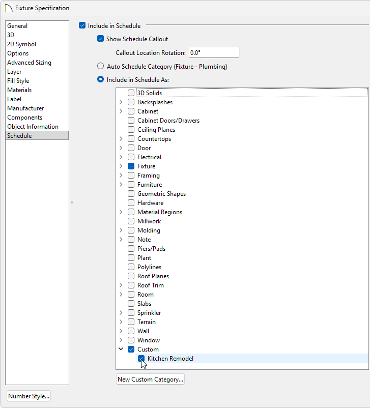 Fixture Specification dialog on the Schedule panel choosing to include it in the custom category