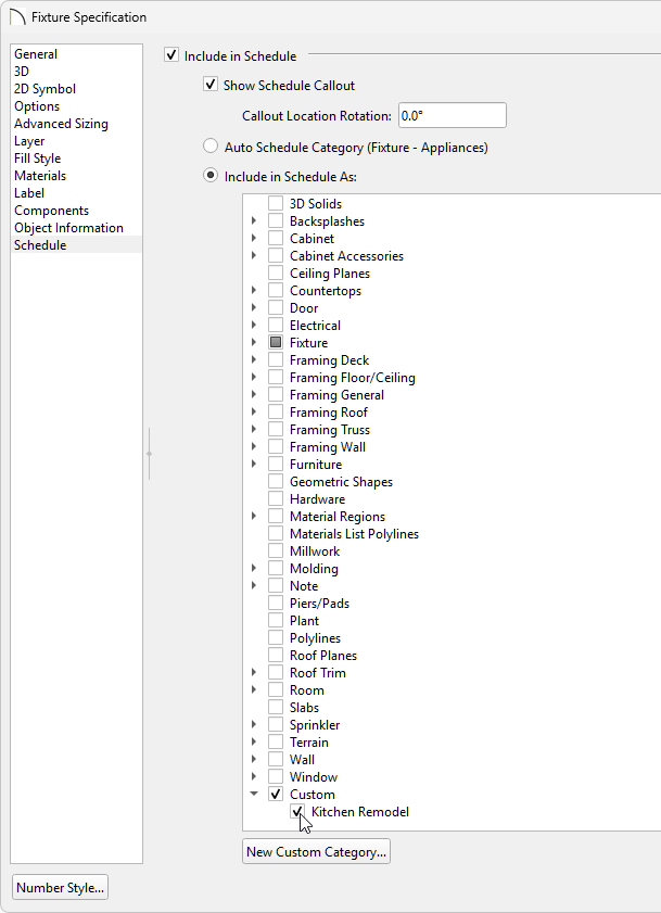 Fixture Specification dialog on the Schedule panel choosing to include it in the custom category