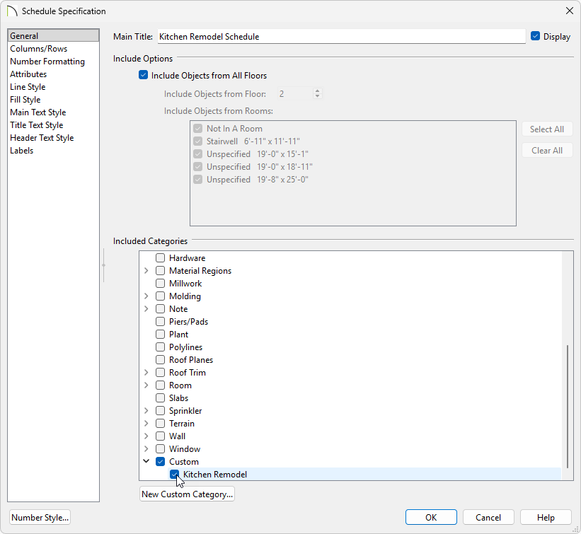 Schedule specification dialog on the general panel