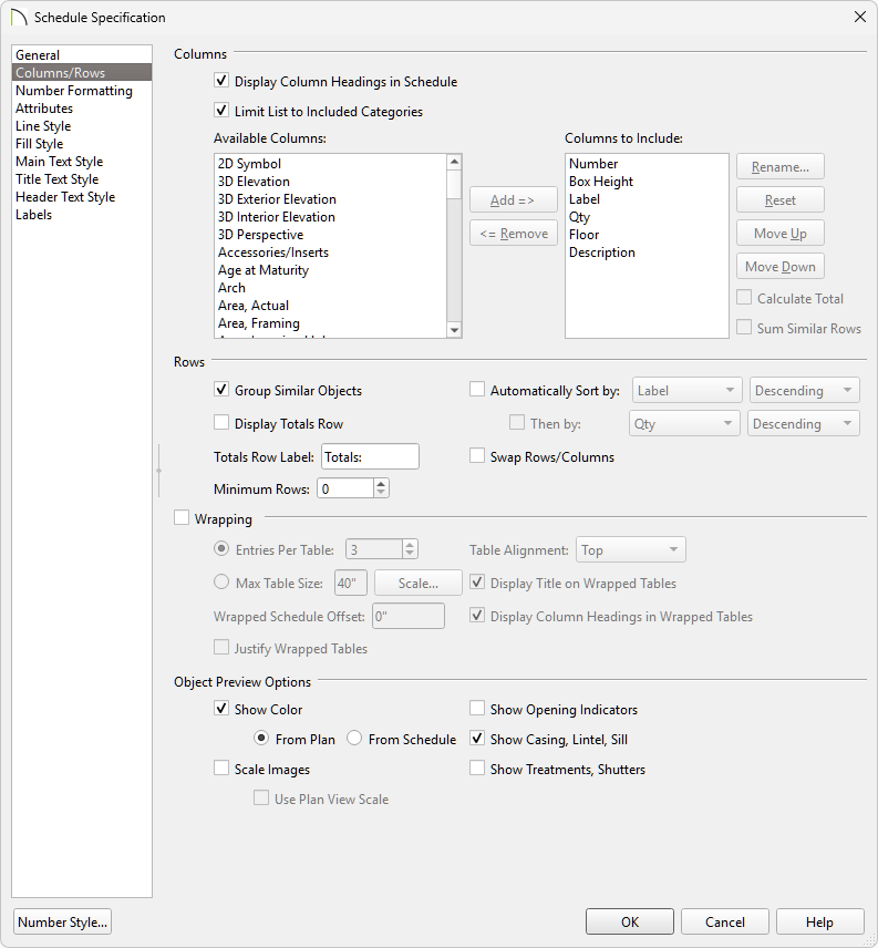 Columns and rows panel of the schedule specification dialog