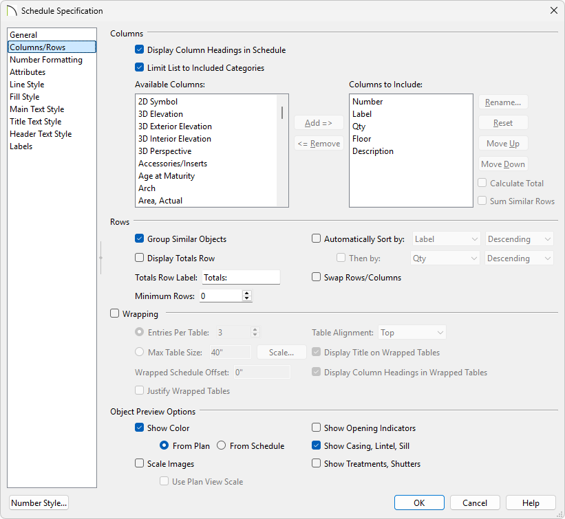 Columns and rows panel of the schedule specification dialog