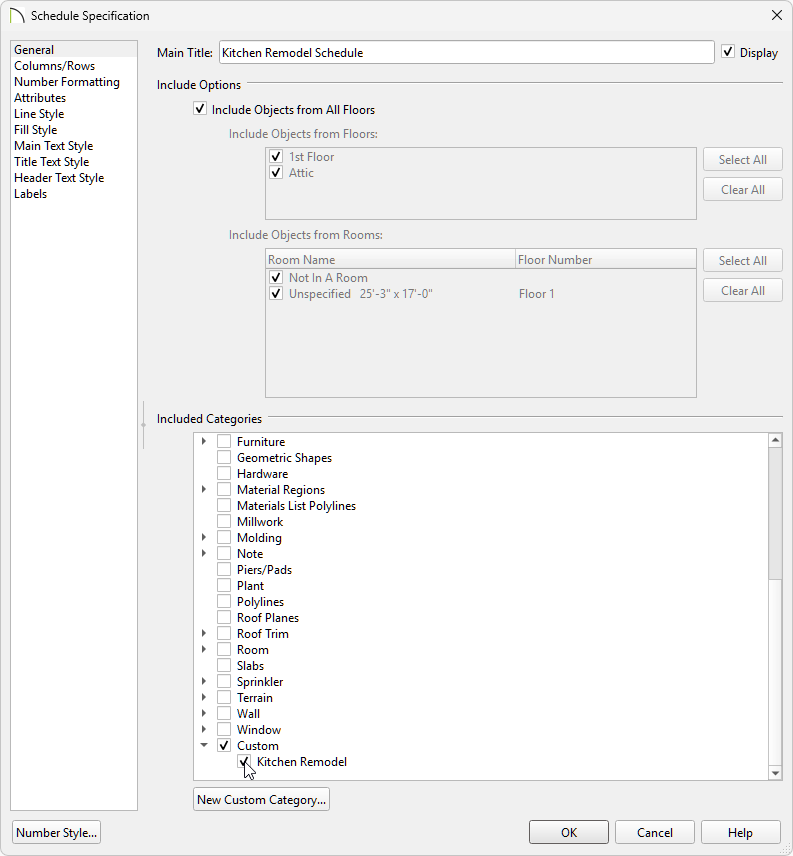 Schedule specification dialog on the general panel