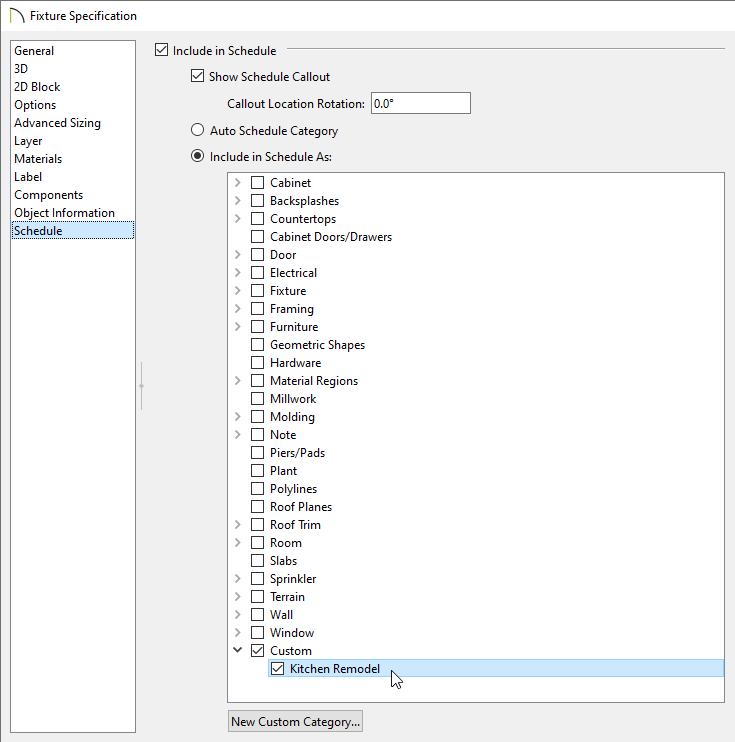 Fixture Specification dialog on the Schedule panel choosing to include it in the custom category