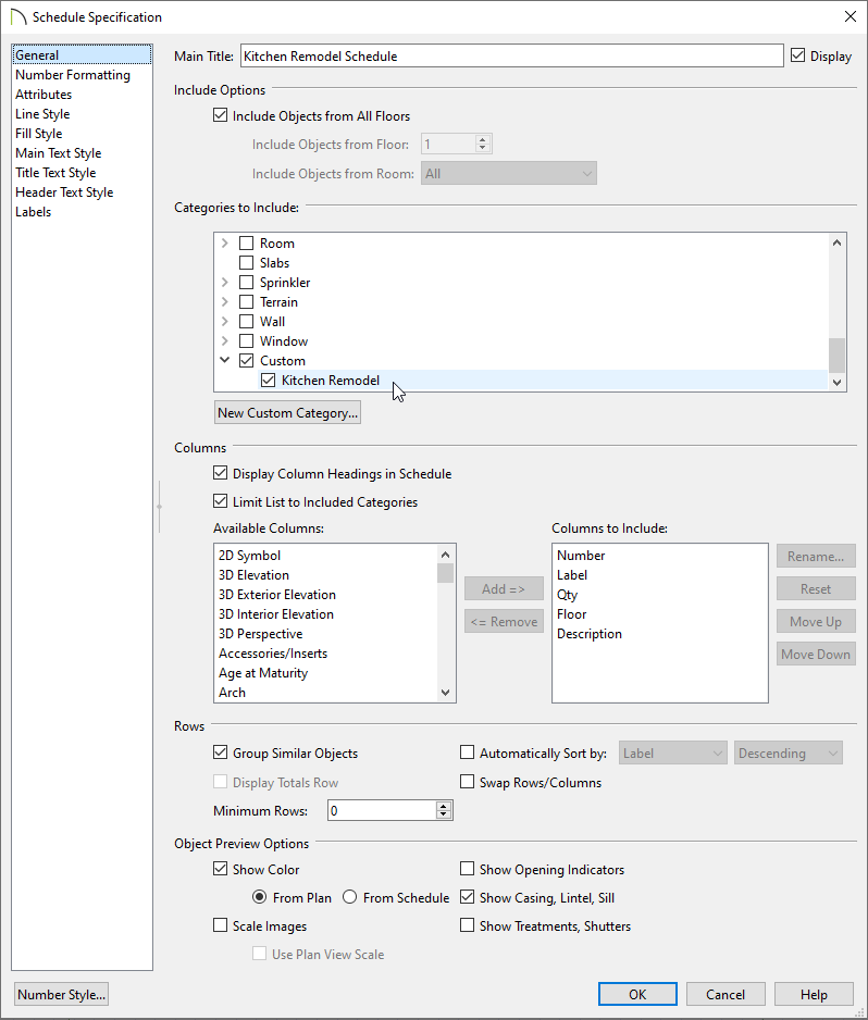 General panel of the Schedule Specification where categories can be chosen