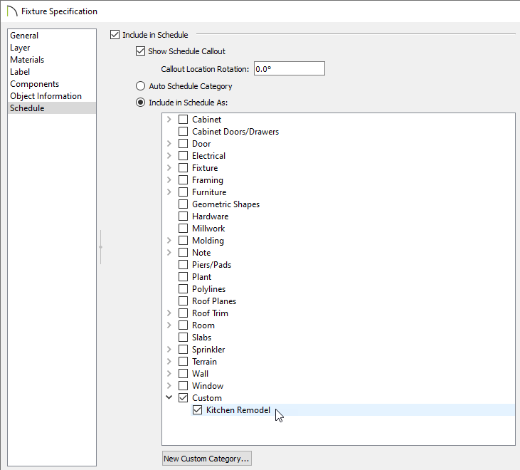 Fixture Specification dialog on the Schedule panel choosing to include it in the custom category