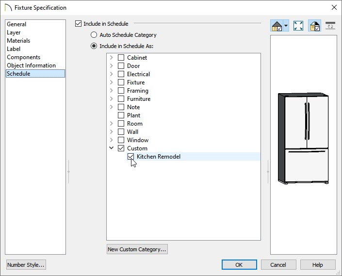 Schedule panel of the Fixture Specification dialog