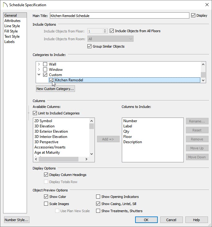 General panel of the Schedule Specification dialog where categories can be chosen