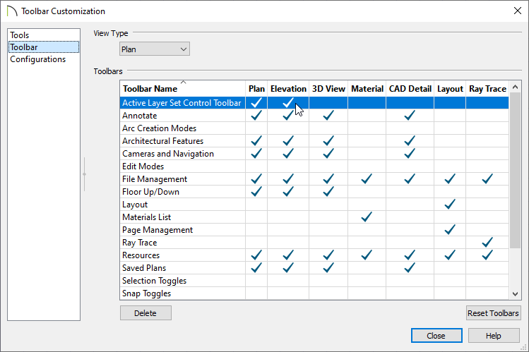 Toolbar panel of the Toolbar Customization dialog