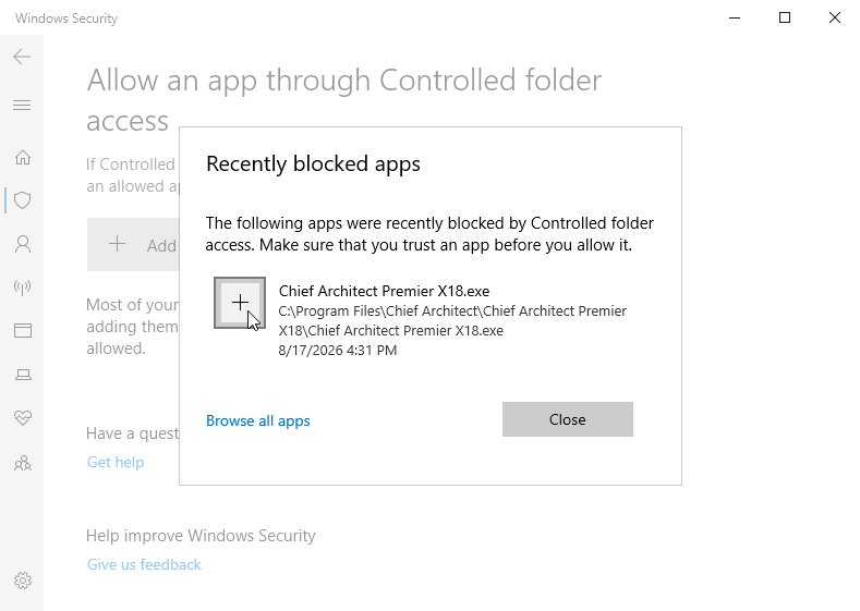 Click the plus sign to add Chief Architect or Home Designer to the allowed apps list