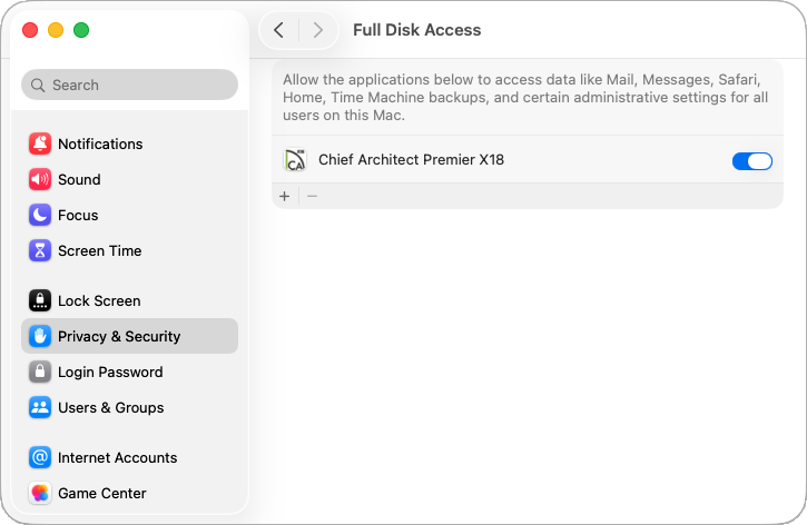 Enabling Full Disk Access for the Chief Architect/Home Designer program