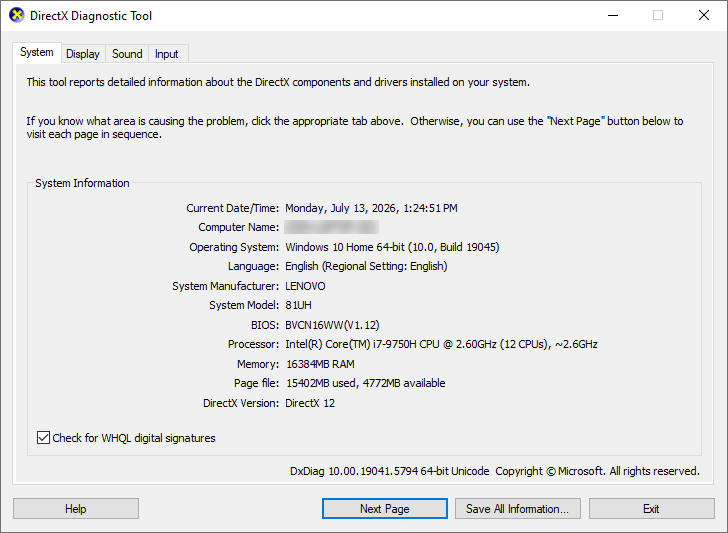 System tab of the DirectX Diagnostic Tool