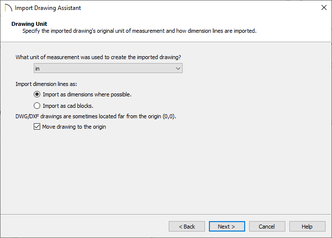 Drawing Unit screen in the Import Drawing Assistant