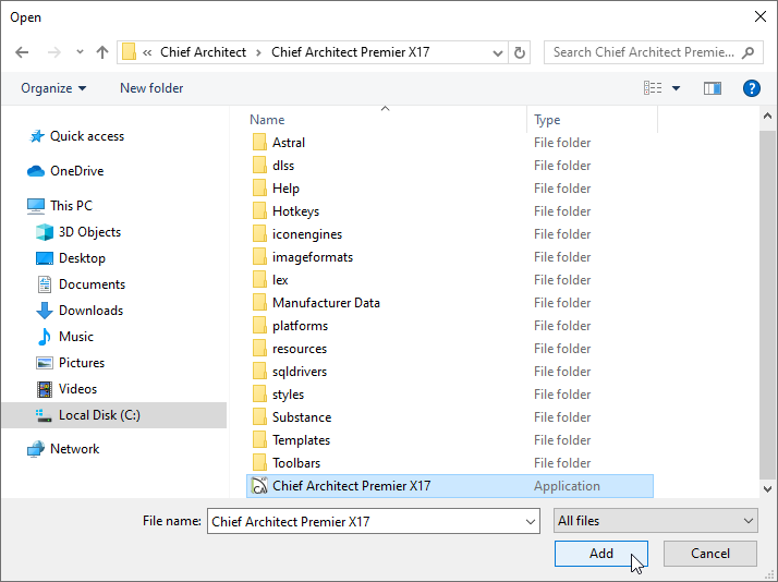 Selecting the Chief Architect executable file