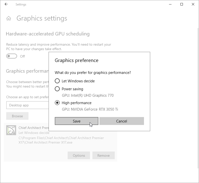 Select the High performance option, then click Save.